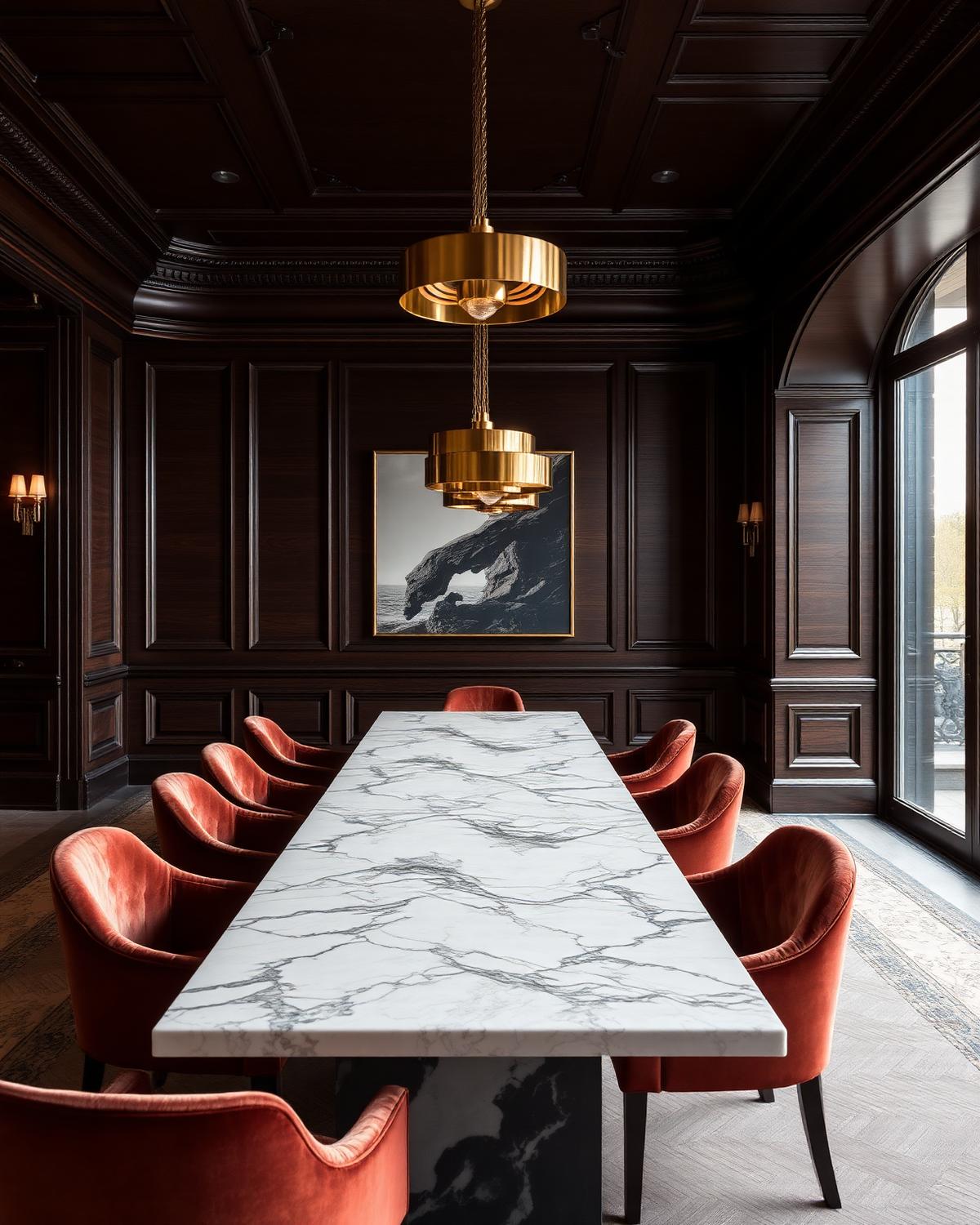 Velvet-and-marble dining room with brass pendants