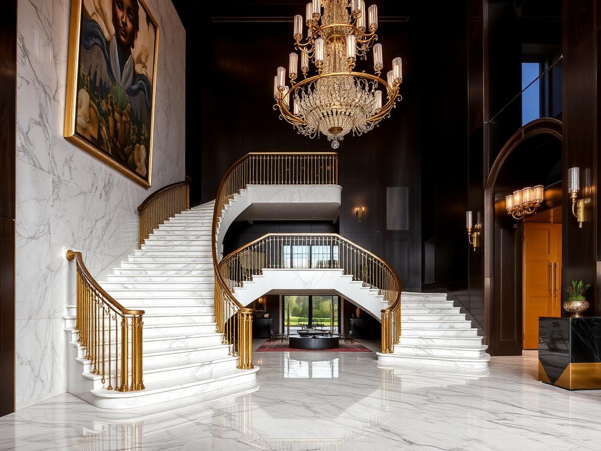 Grand marble staircase with brass railings