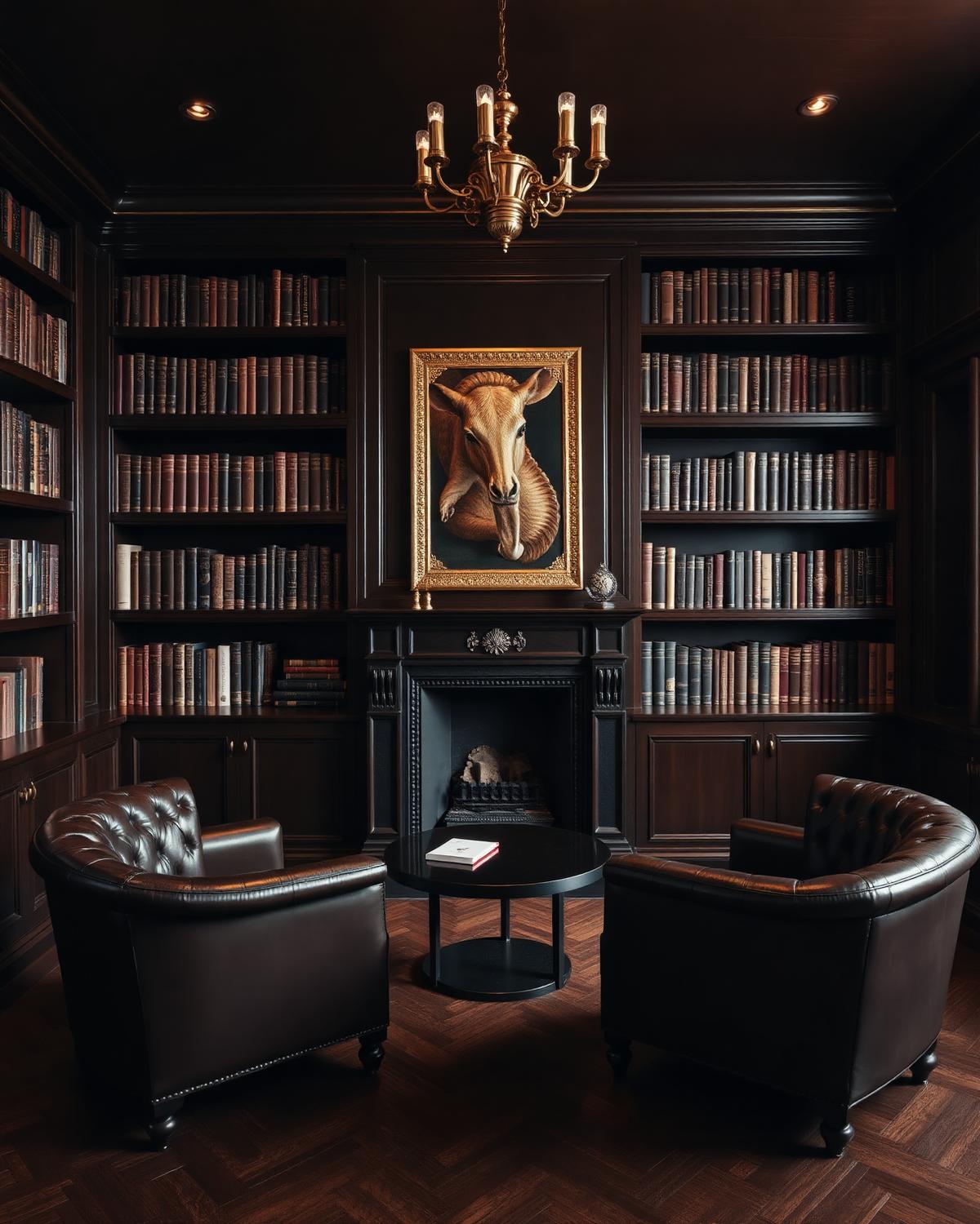 Dark wood paneled library
